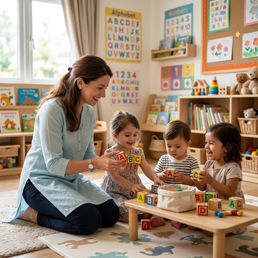 Professional nursery teacher interacting joyfully with toddlers in a bright, modern classroom